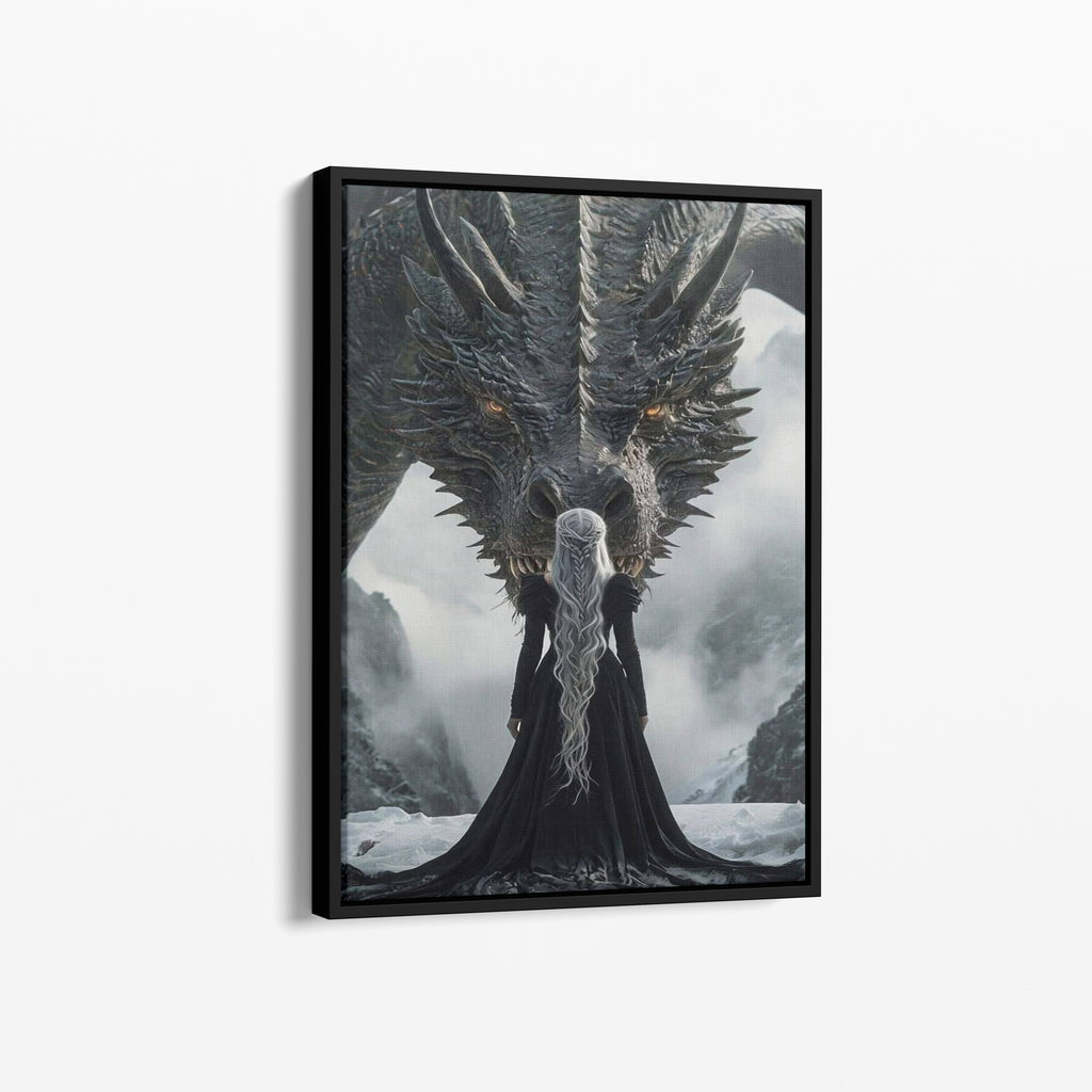 Καμβάς Mother of Dragons με μαύρη κορνίζα, πλάγια γωνία ανάρτησης.