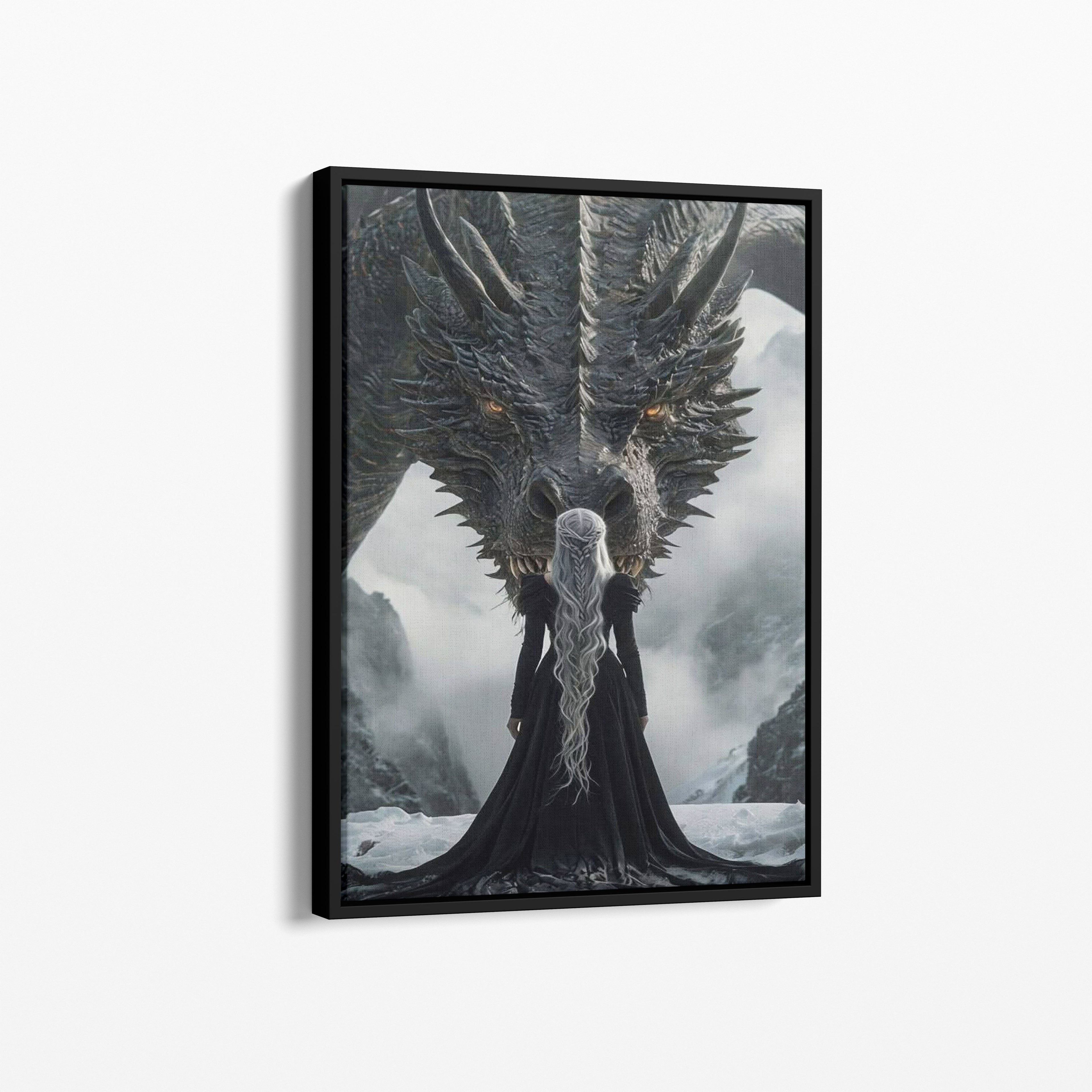 Καμβάς Mother of Dragons με μαύρη κορνίζα, πλάγια γωνία ανάρτησης.