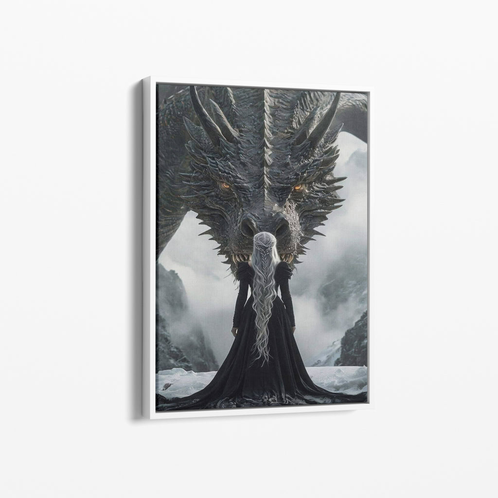 Καμβάς Mother of Dragons με λευκή κορνίζα, πλάγια γωνία ανάρτησης.