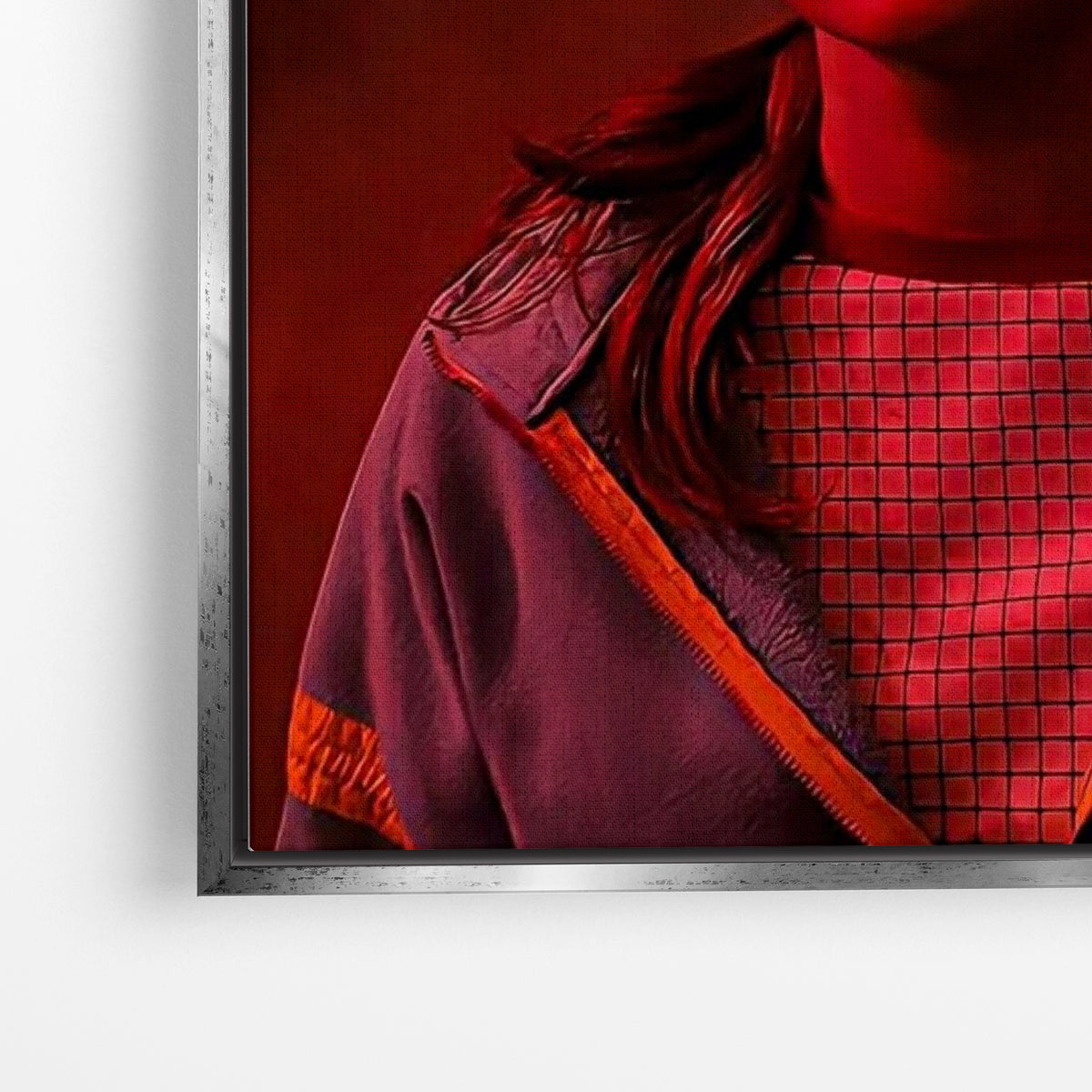 Close-up λεπτομέρεια καμβά Red Light Max - Stranger Things με ασημί κορνίζα.