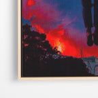 Close-up λεπτομέρεια καμβά Upside Down Sky - Stranger Things με ξύλινη κορνίζα.