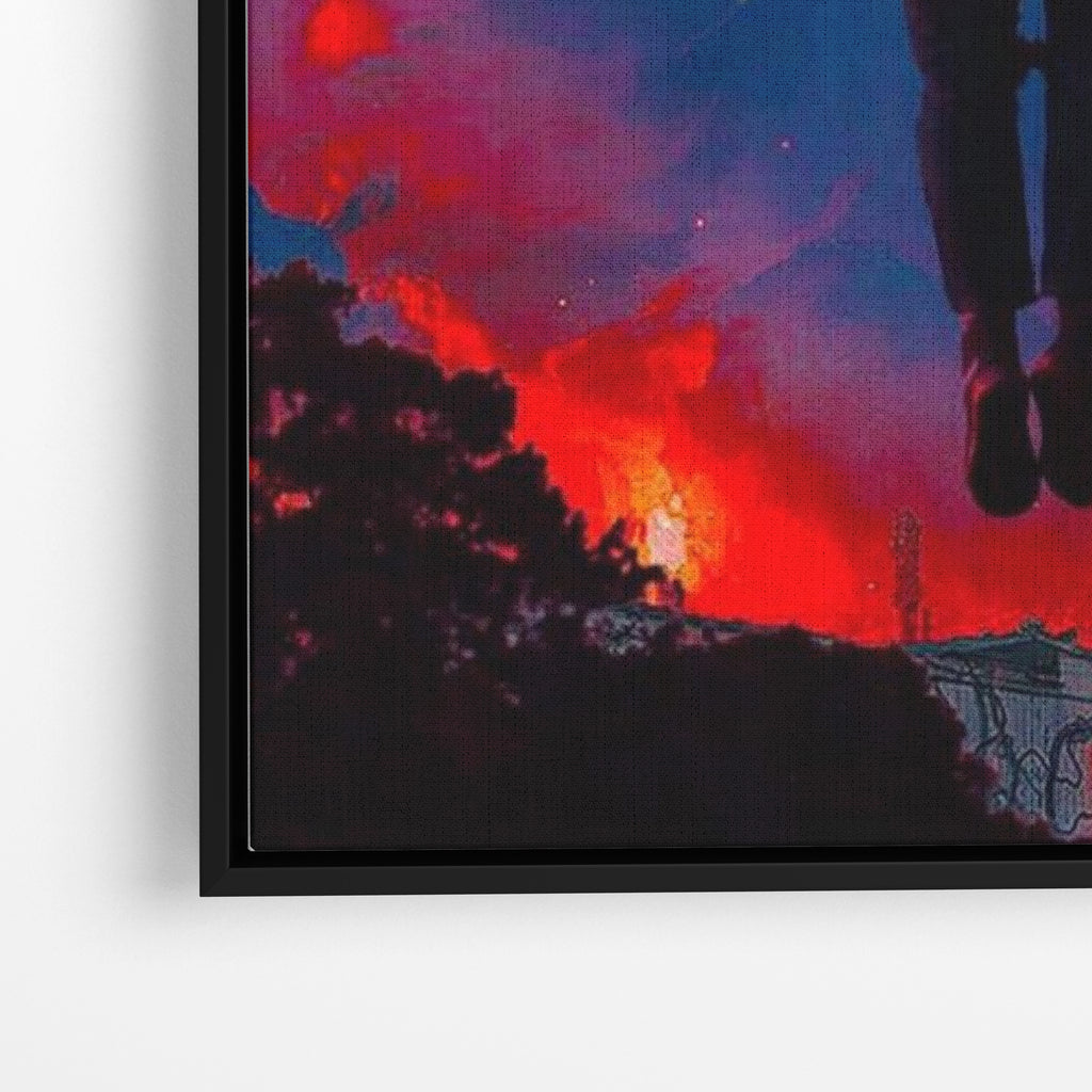 Close-up λεπτομέρεια καμβά Upside Down Sky - Stranger Things με μαύρη κορνίζα.