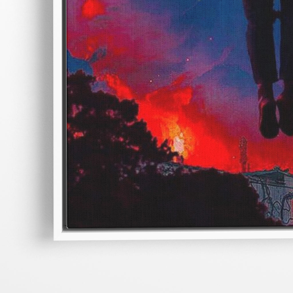 Close-up λεπτομέρεια καμβά Upside Down Sky - Stranger Things με λευκή κορνίζα.