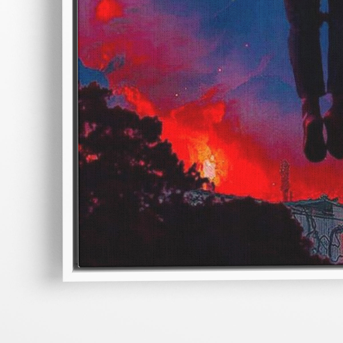 Close-up λεπτομέρεια καμβά Upside Down Sky - Stranger Things με λευκή κορνίζα.