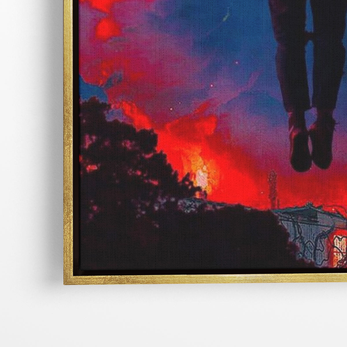 Close-up λεπτομέρεια καμβά Upside Down Sky - Stranger Things με χρυσή κορνίζα.