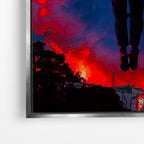 Close-up λεπτομέρεια καμβά Upside Down Sky - Stranger Things με ασημί κορνίζα.