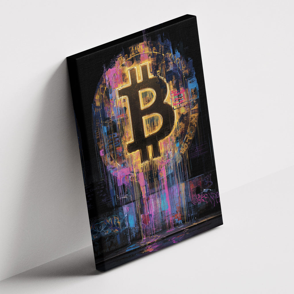 Καμβάς Bitcoin Graffiti σε δεύτερη γωνία λήψης, χωρίς κορνίζα.