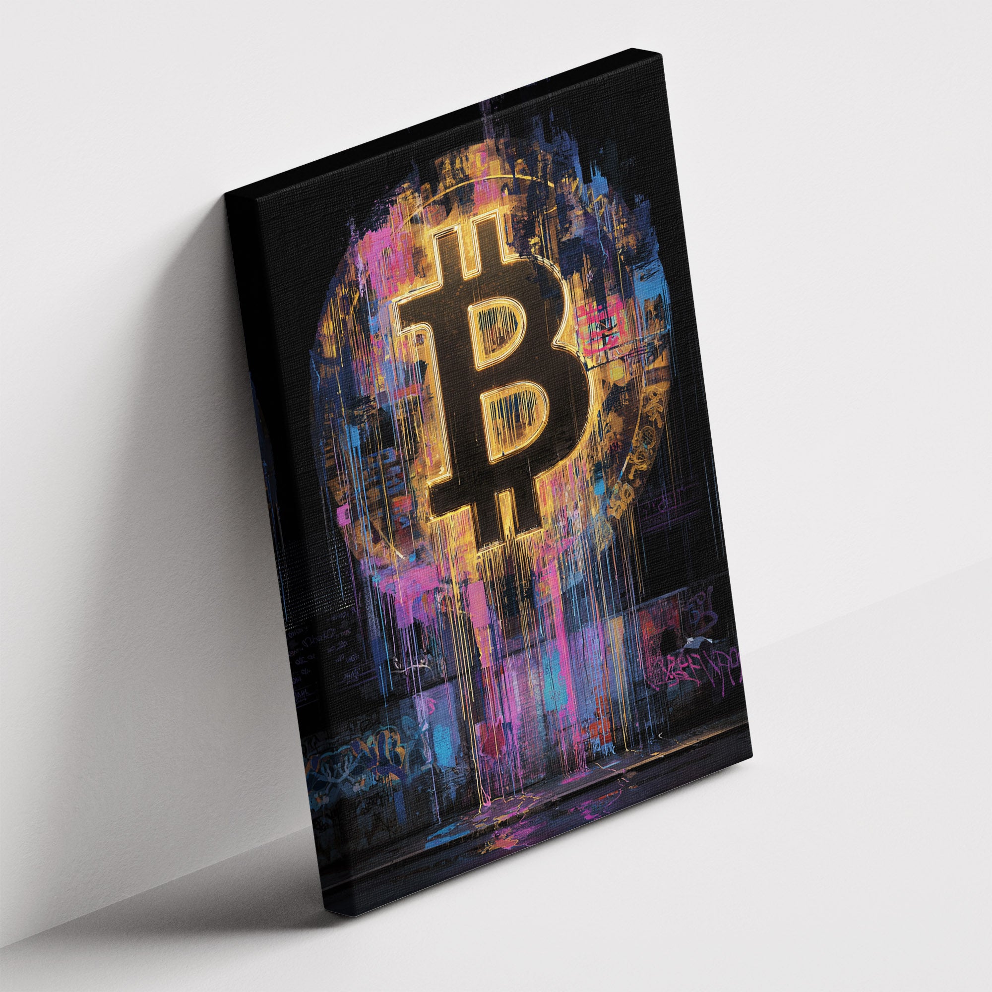 Καμβάς Bitcoin Graffiti σε δεύτερη γωνία λήψης, χωρίς κορνίζα.