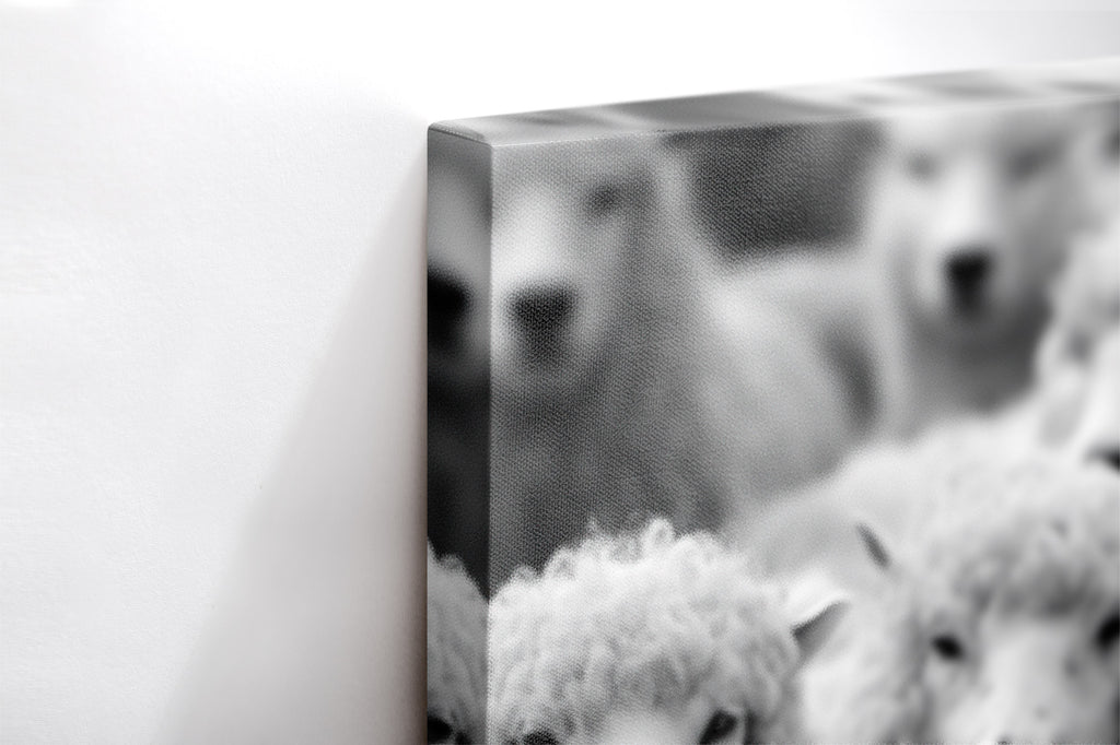 Close-up λεπτομέρεια της εκτύπωσης καμβά Wolf Among Sheep - Horizontal.