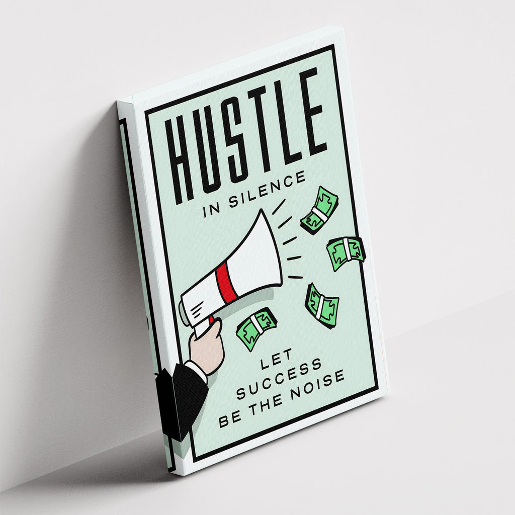 Καμβάς Hustle in Silence – Motivational Canvas σε δεύτερη γωνία λήψης, χωρίς κορνίζα.