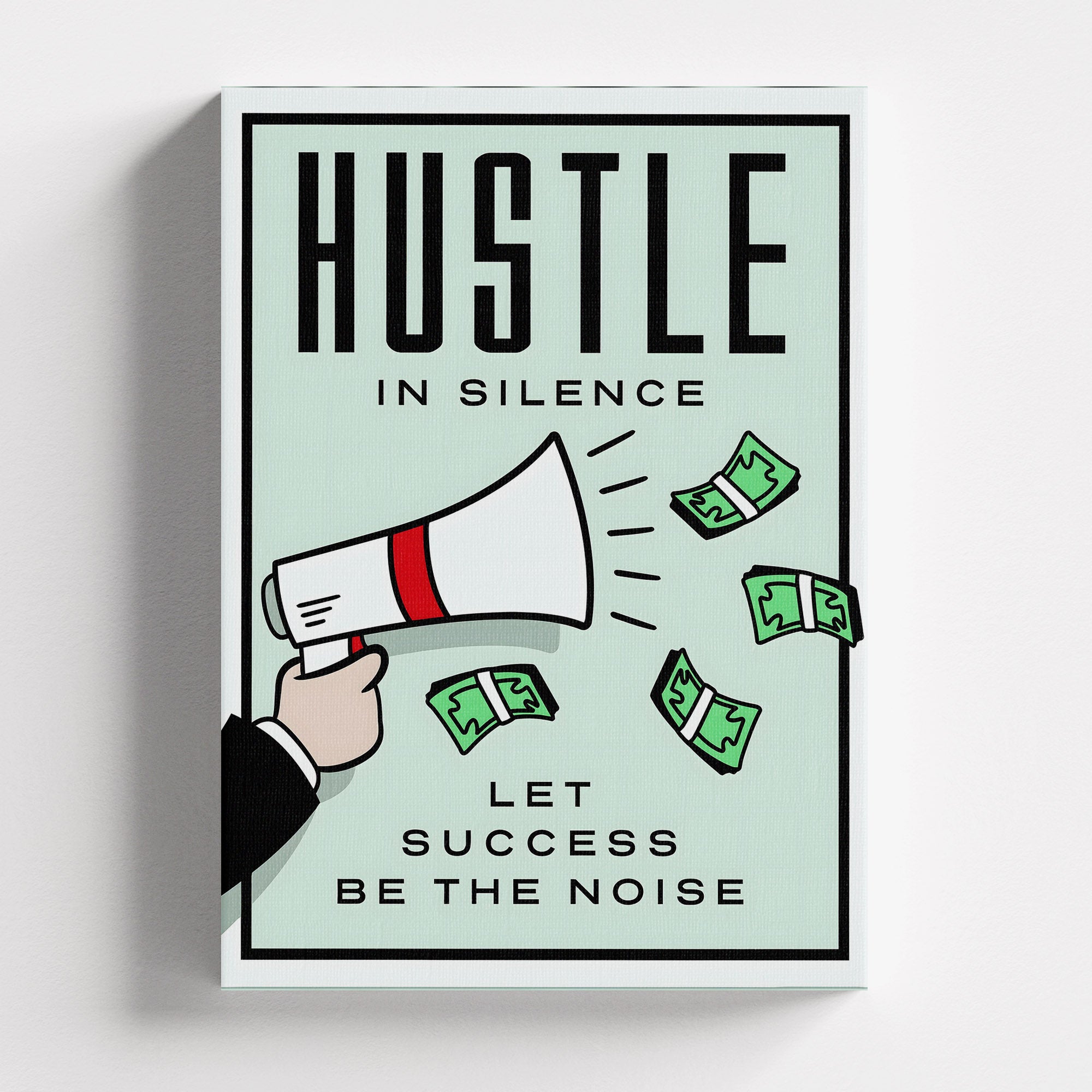 Πίνακας σε καμβά Hustle in Silence – Motivational Canvas, χωρίς κορνίζα, μπροστινή όψη.