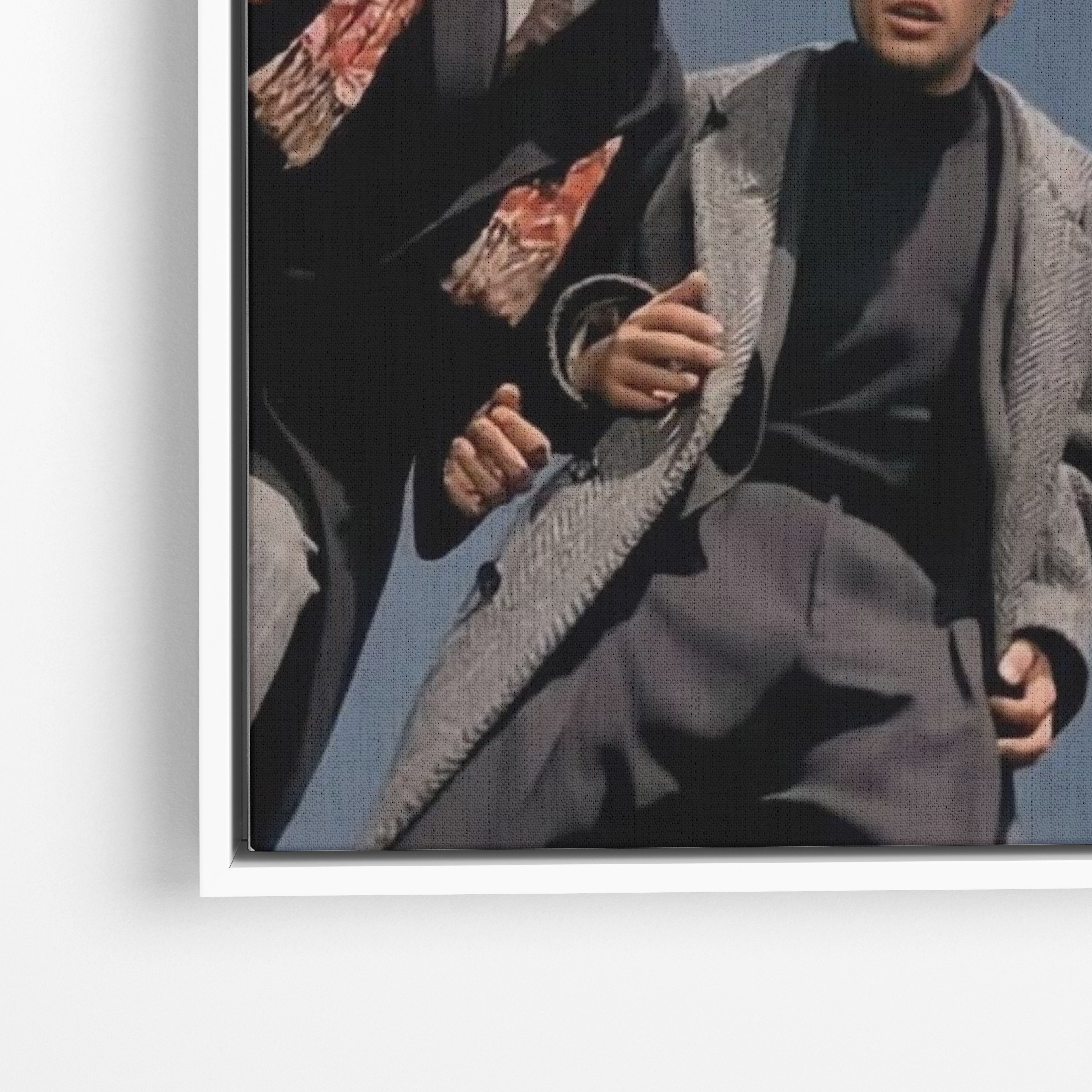 Close-up λεπτομέρεια καμβά Friends με λευκή κορνίζα.