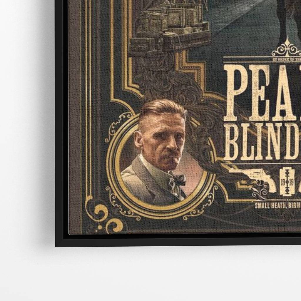 Close-up λεπτομέρεια καμβά Peaky Blinders – Legacy με μαύρη κορνίζα.
