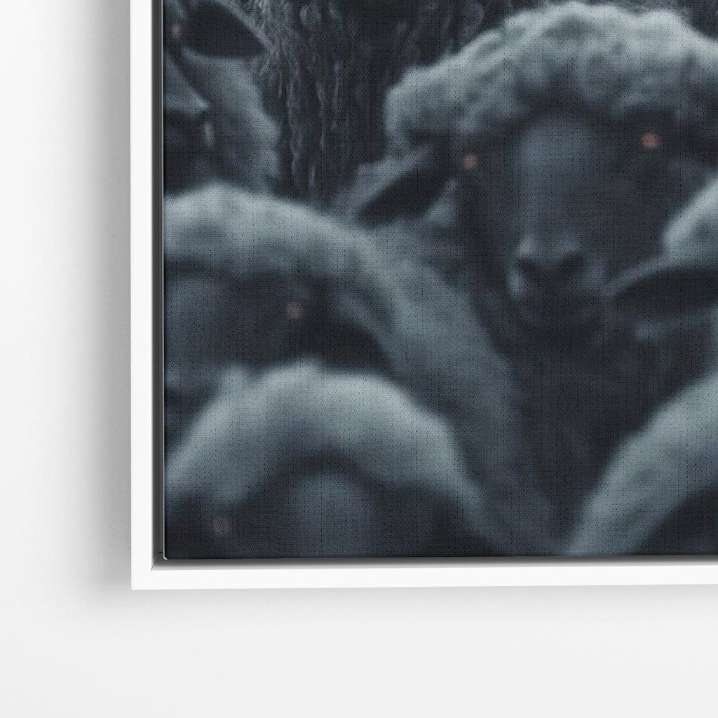 Close-up λεπτομέρεια καμβά Wolf Among Sheep με λευκή κορνίζα.