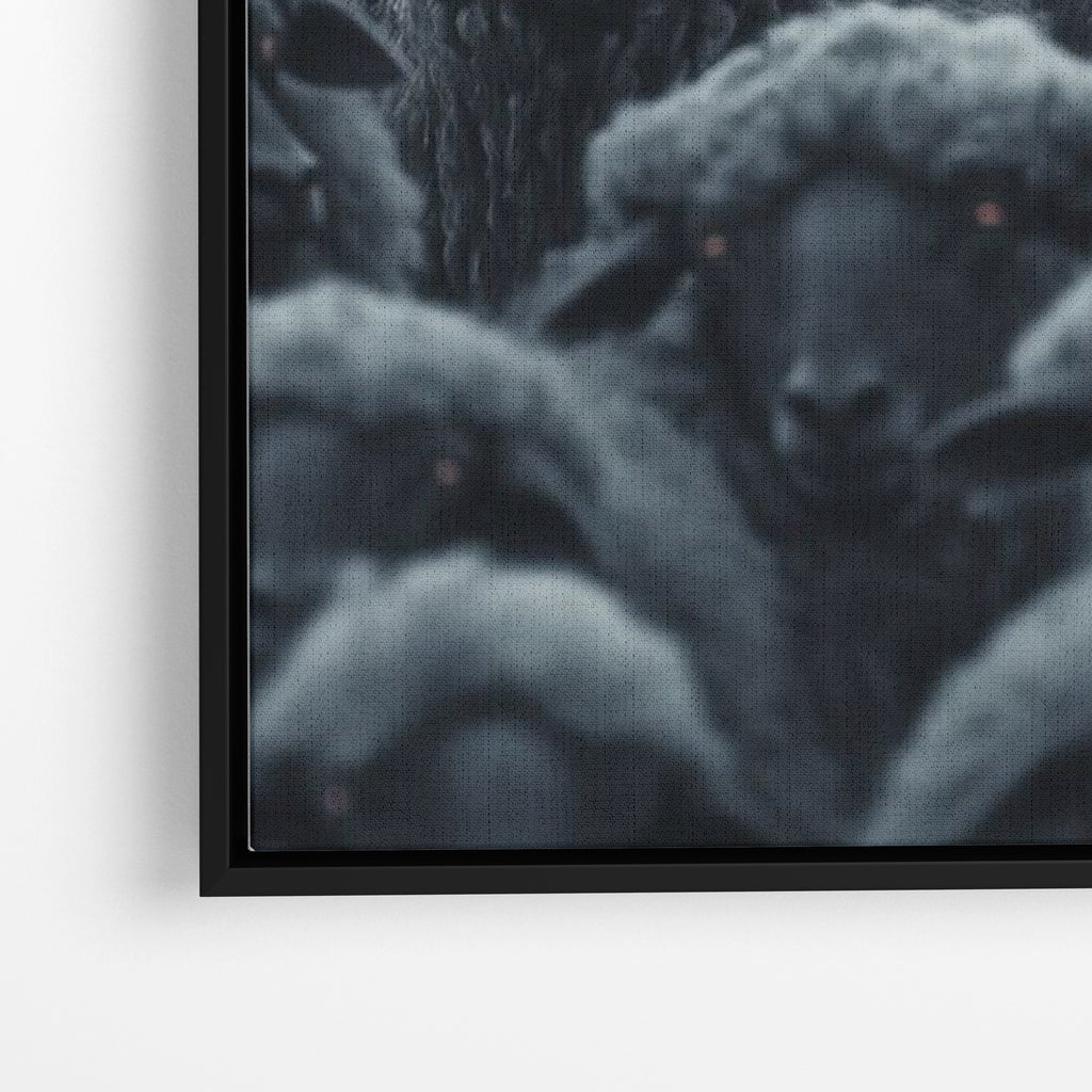 Close-up λεπτομέρεια καμβά Wolf Among Sheep με μαύρη κορνίζα.