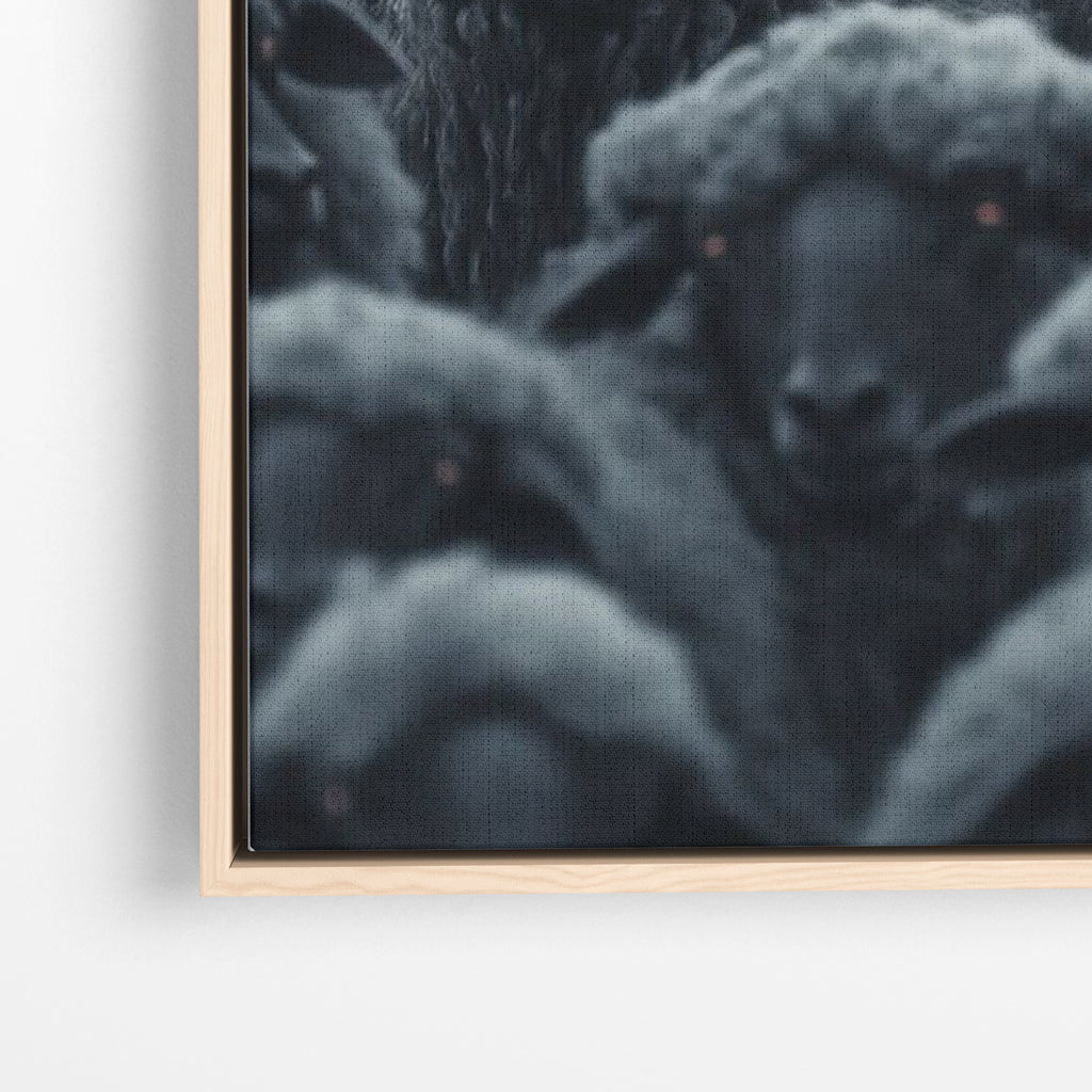 Close-up λεπτομέρεια καμβά Wolf Among Sheep με ξύλινη κορνίζα.