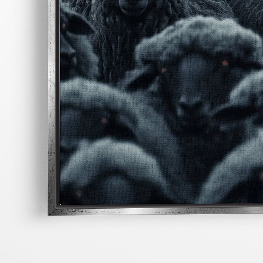 Close-up λεπτομέρεια καμβά Wolf Among Sheep με ασημί κορνίζα.