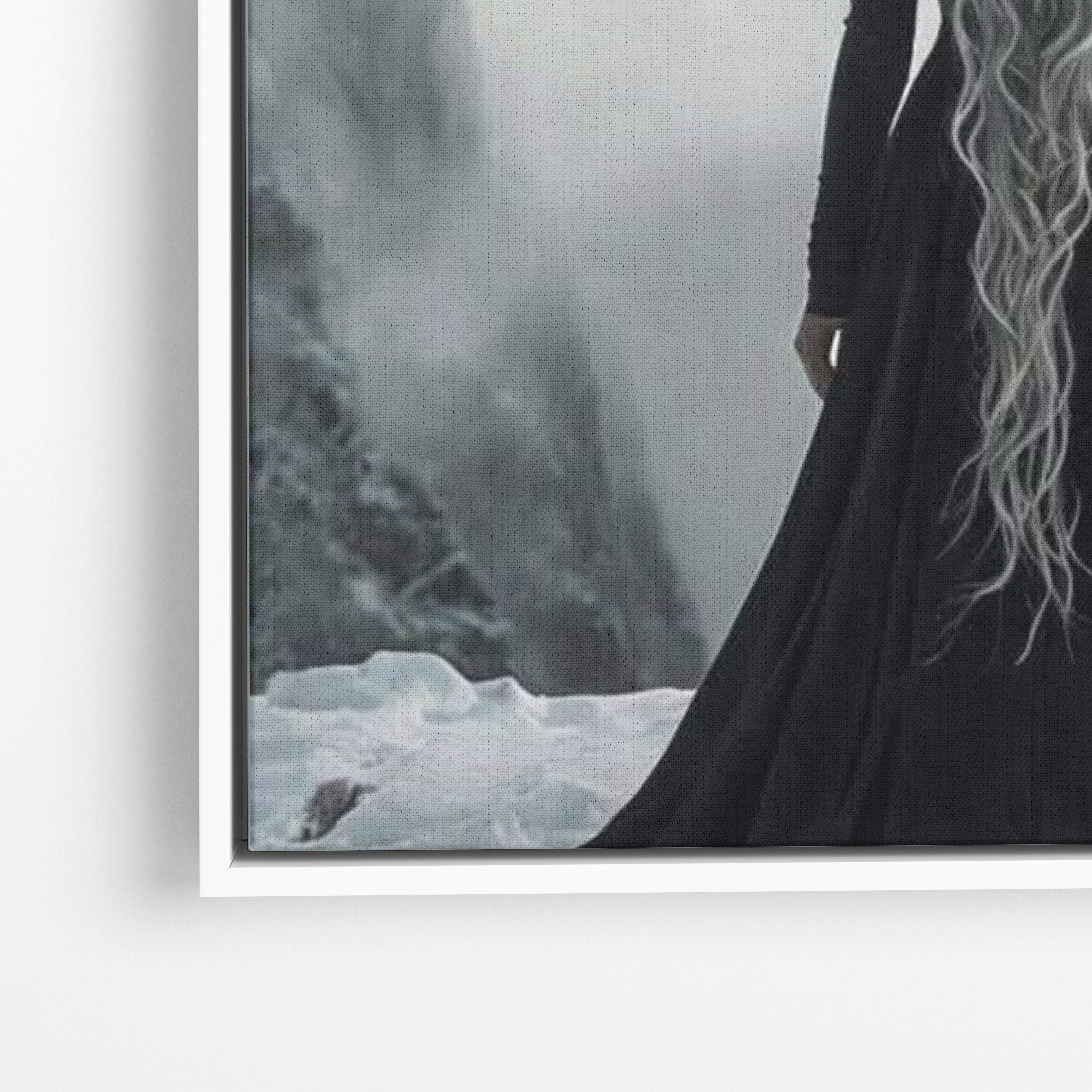 Close-up λεπτομέρεια καμβά Mother of Dragons με λευκή κορνίζα.