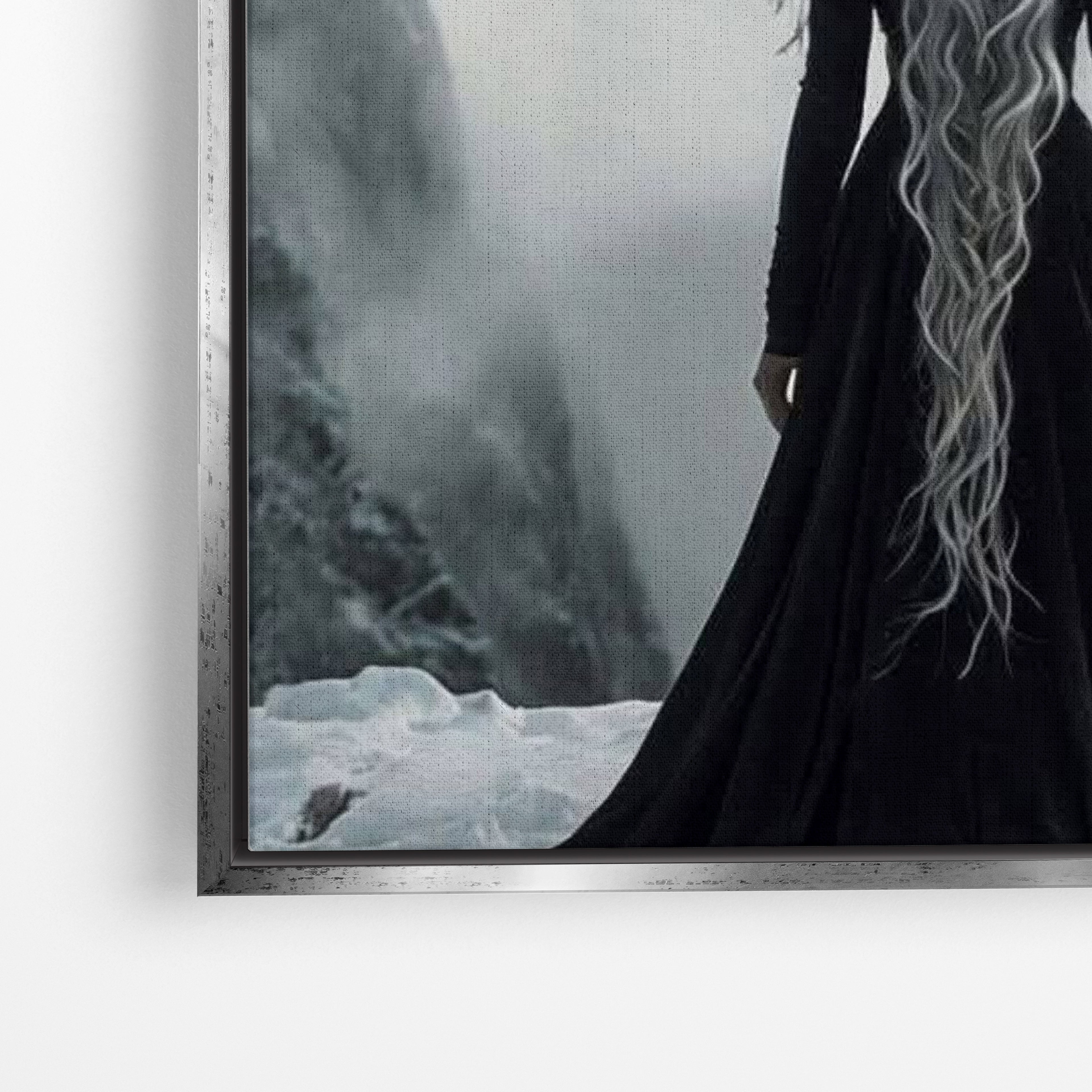 Close-up λεπτομέρεια καμβά Mother of Dragons με ασημί κορνίζα.