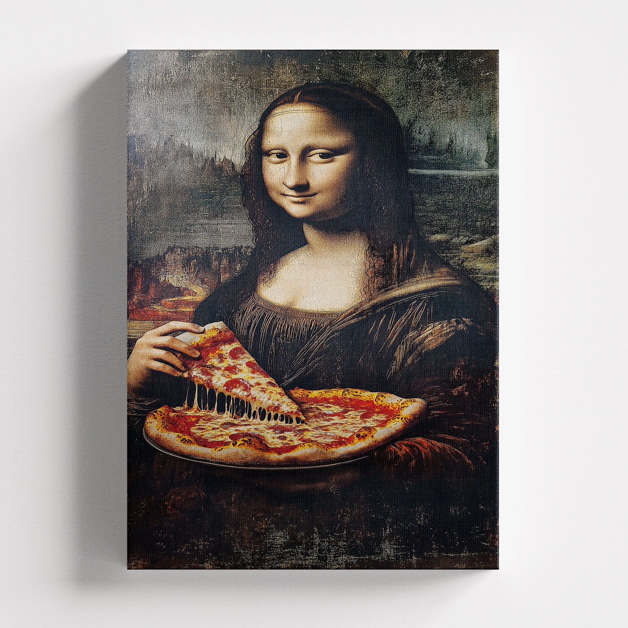 Πίνακας σε καμβά Mona Lisa Pizza, χωρίς κορνίζα, μπροστινή όψη.