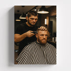 Πίνακας σε καμβά Barber Showdown, χωρίς κορνίζα, μπροστινή όψη.