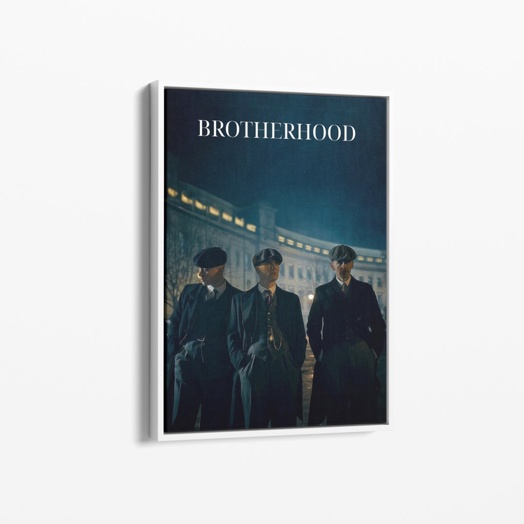 Καμβάς BrotherHood - Peaky Blinders με λευκή κορνίζα, πλάγια γωνία ανάρτησης.