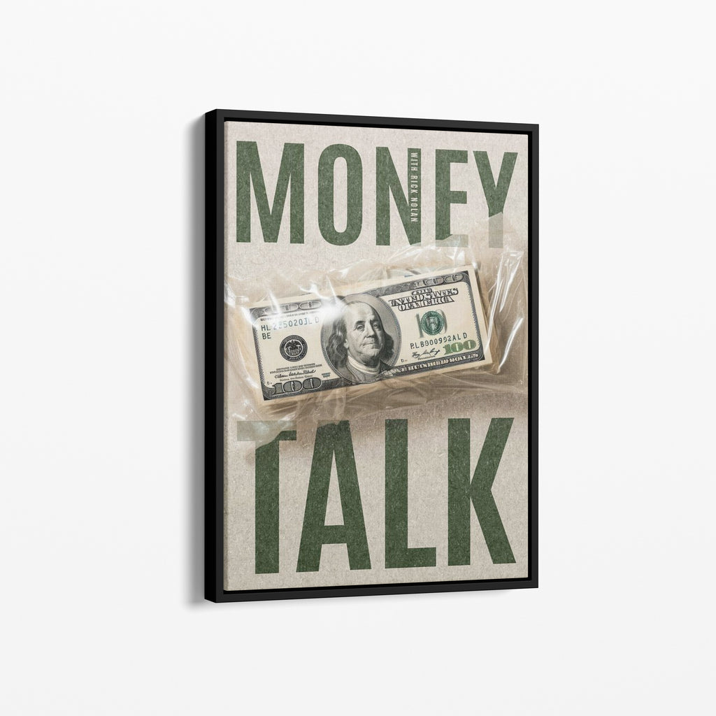 Καμβάς Money Talk με μαύρη κορνίζα, πλάγια γωνία ανάρτησης.