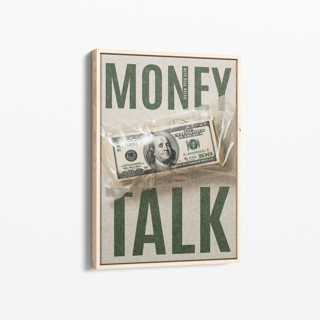 Καμβάς Money Talk με ξύλινη κορνίζα, πλάγια γωνία ανάρτησης.