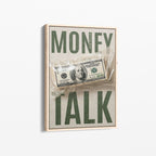 Καμβάς Money Talk με ξύλινη κορνίζα, πλάγια γωνία ανάρτησης.