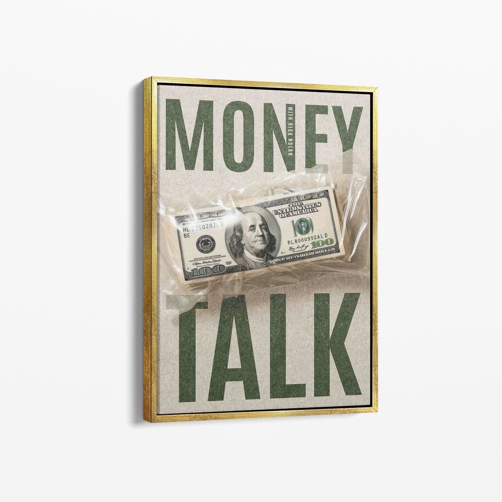 Καμβάς Money Talk με χρυσή κορνίζα, πλάγια γωνία ανάρτησης.