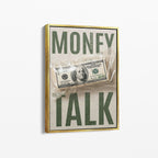 Καμβάς Money Talk με χρυσή κορνίζα, πλάγια γωνία ανάρτησης.