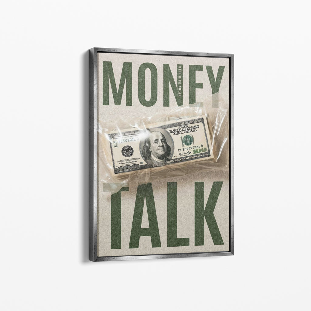 Καμβάς Money Talk με ασημί κορνίζα, πλάγια γωνία ανάρτησης.