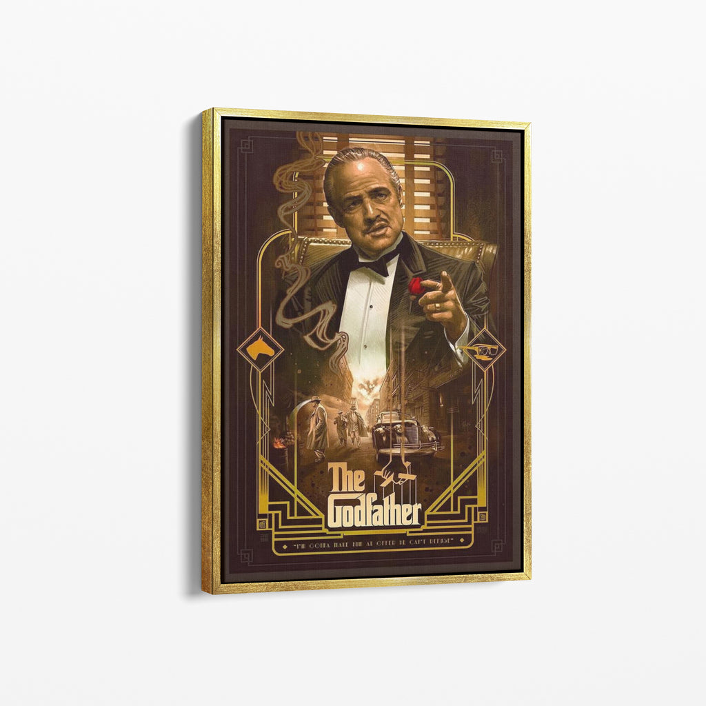 Καμβάς The Godfather με χρυσή κορνίζα, πλάγια γωνία ανάρτησης.