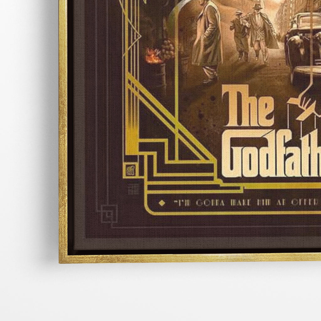 Close-up λεπτομέρεια καμβά The Godfather με χρυσή κορνίζα.