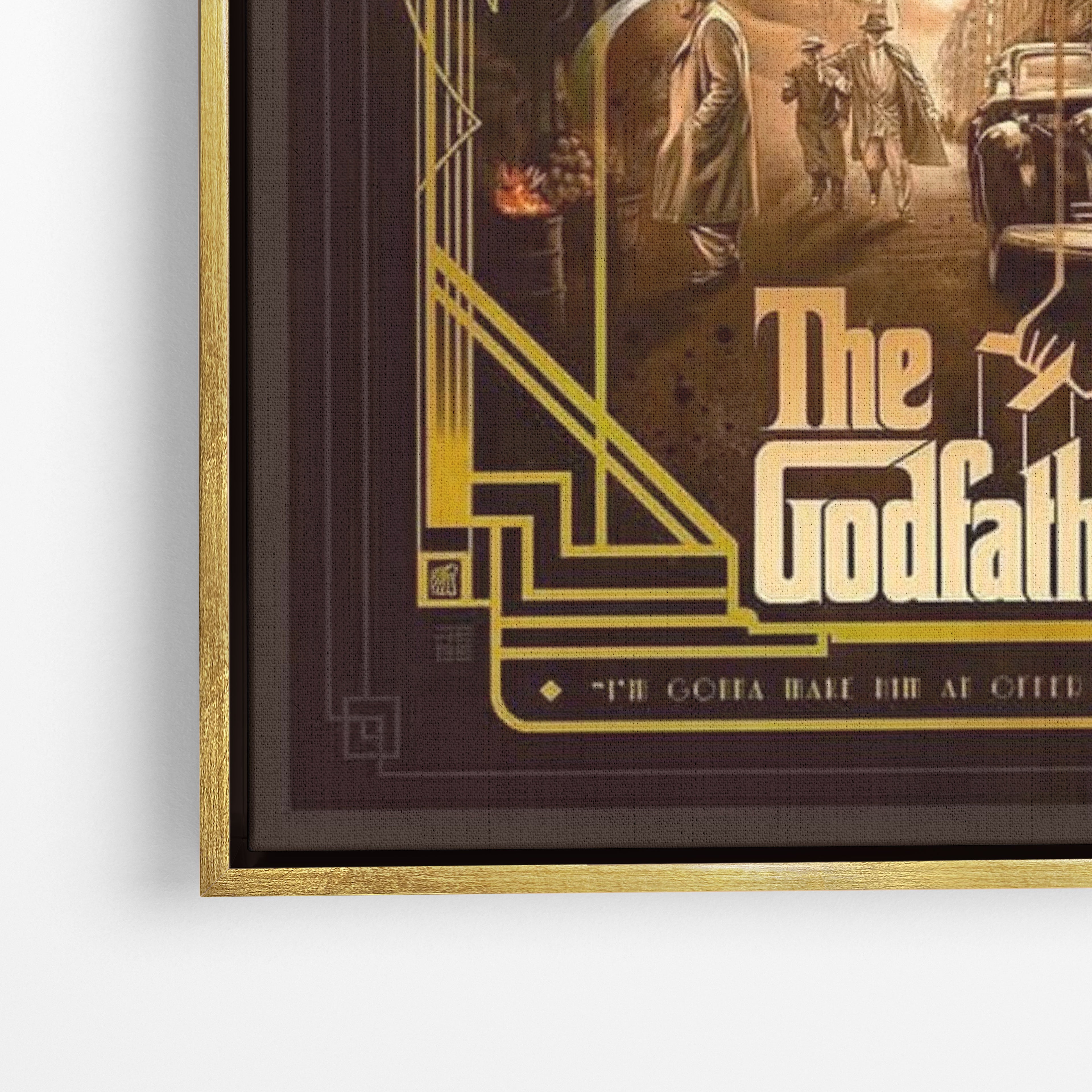 Close-up λεπτομέρεια καμβά The Godfather με χρυσή κορνίζα.