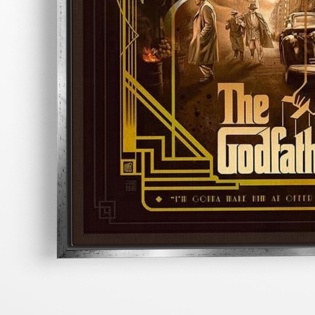 Close-up λεπτομέρεια καμβά The Godfather με ασημί κορνίζα.