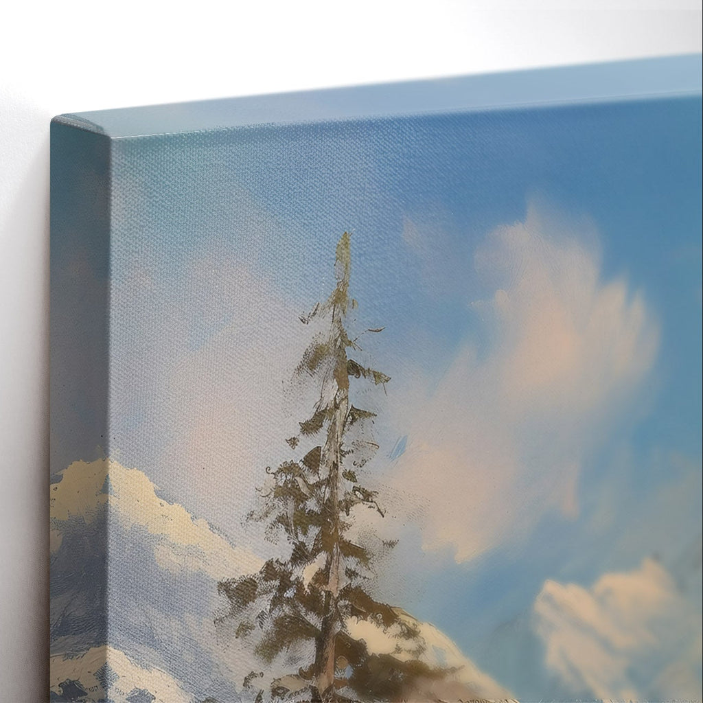 Close-up λεπτομέρεια της εκτύπωσης καμβά Winter Cabin.