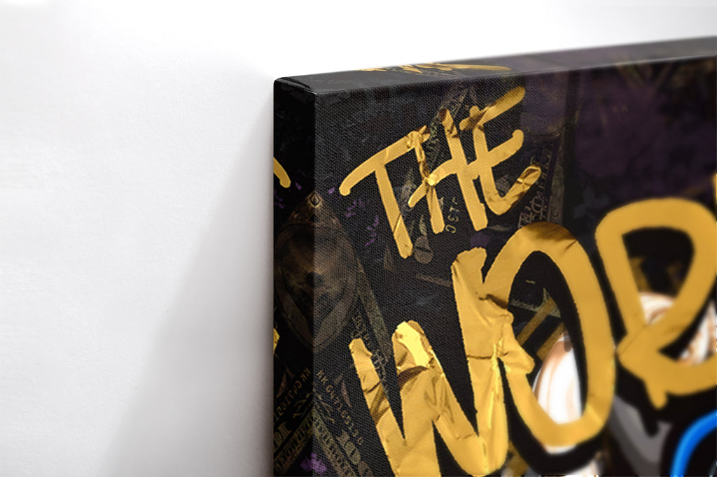 Close-up λεπτομέρεια της εκτύπωσης καμβά The World Is Yours – Duck Edition.
