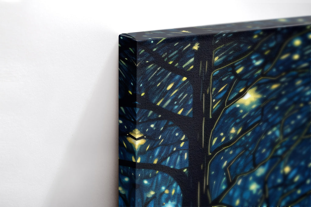 Close-up λεπτομέρεια της εκτύπωσης καμβά Starry Walk.
