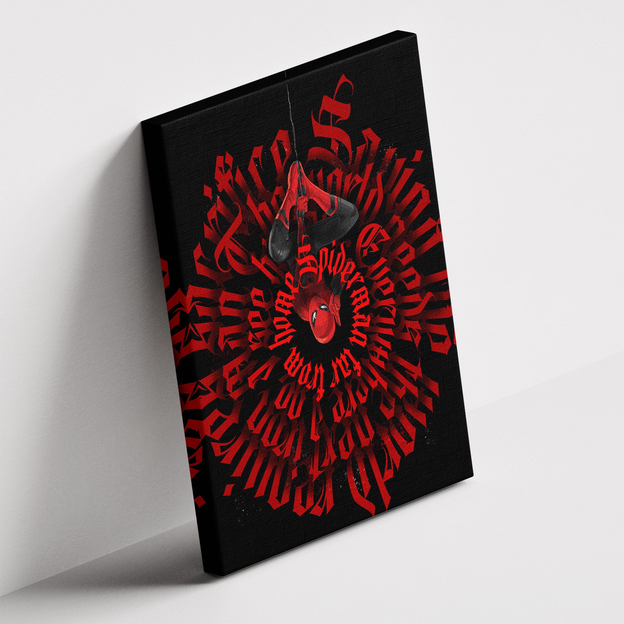 Καμβάς Spider-Man Red Typography σε δεύτερη γωνία λήψης, χωρίς κορνίζα.