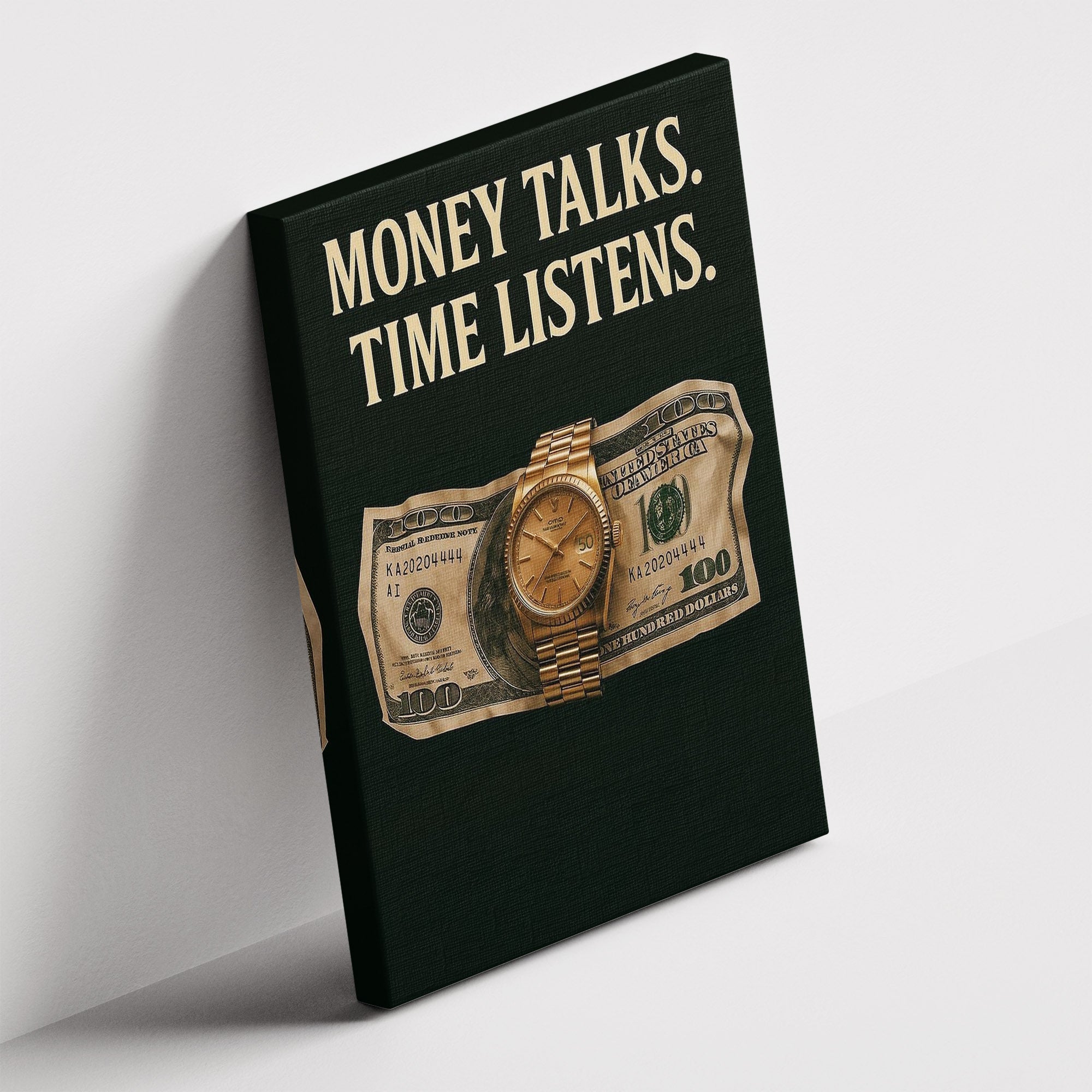Καμβάς Money Talks – Time Listens σε δεύτερη γωνία λήψης, χωρίς κορνίζα.