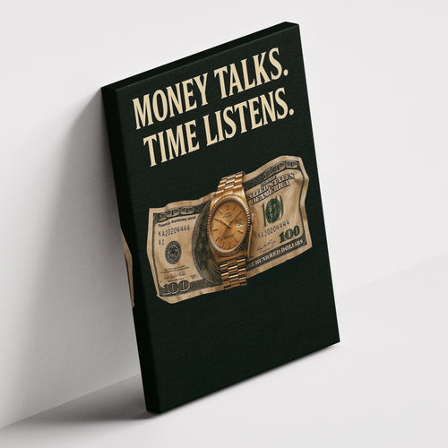 Καμβάς Money Talks – Time Listens σε δεύτερη γωνία λήψης, χωρίς κορνίζα.