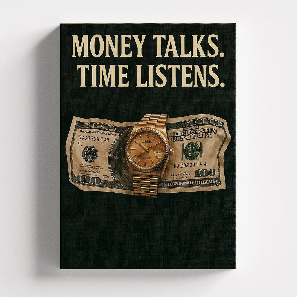 Πίνακας σε καμβά Money Talks – Time Listens, χωρίς κορνίζα, μπροστινή όψη.