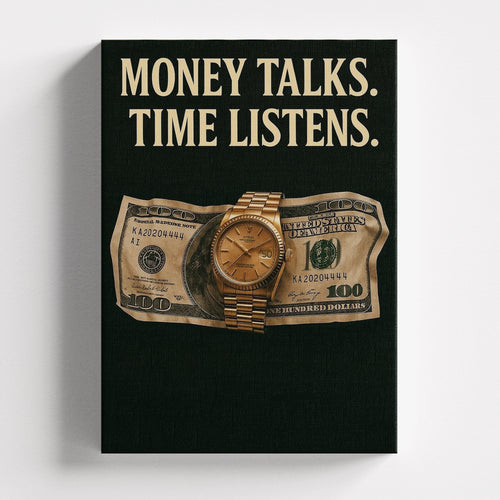 Πίνακας σε καμβά Money Talks – Time Listens, χωρίς κορνίζα, μπροστινή όψη.
