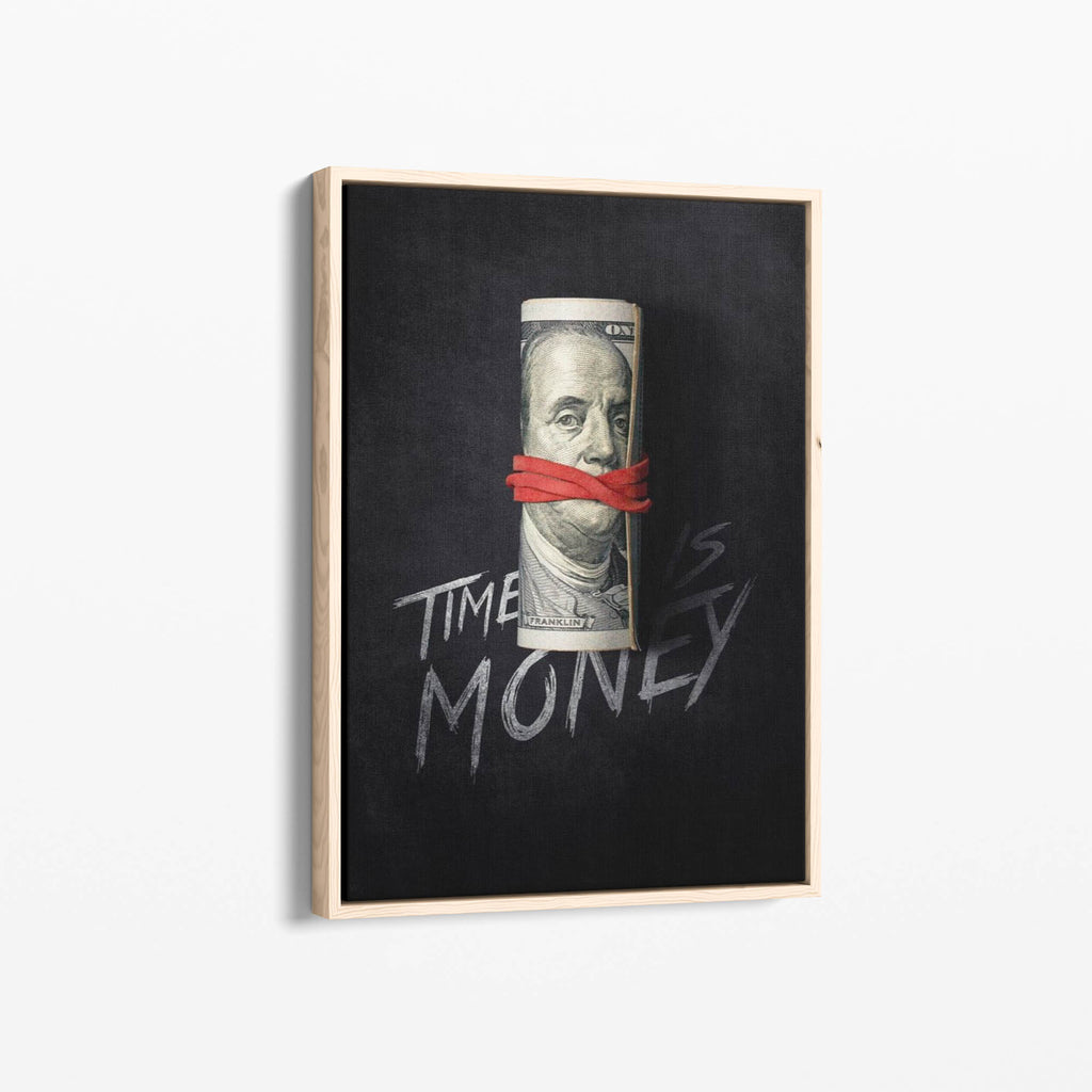 Καμβάς Time Is Money με ξύλινη κορνίζα, πλάγια γωνία ανάρτησης.