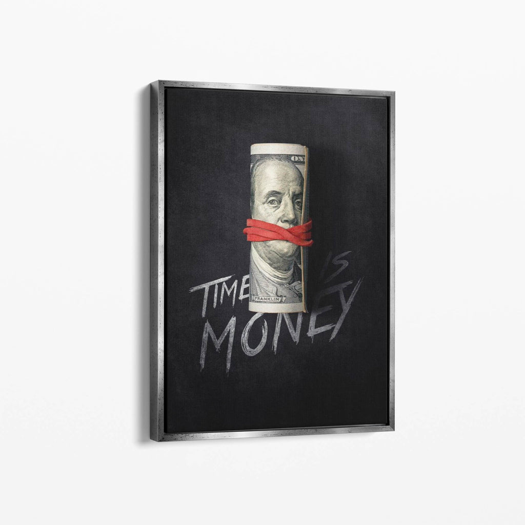 Καμβάς Time Is Money με ασημί κορνίζα, πλάγια γωνία ανάρτησης.