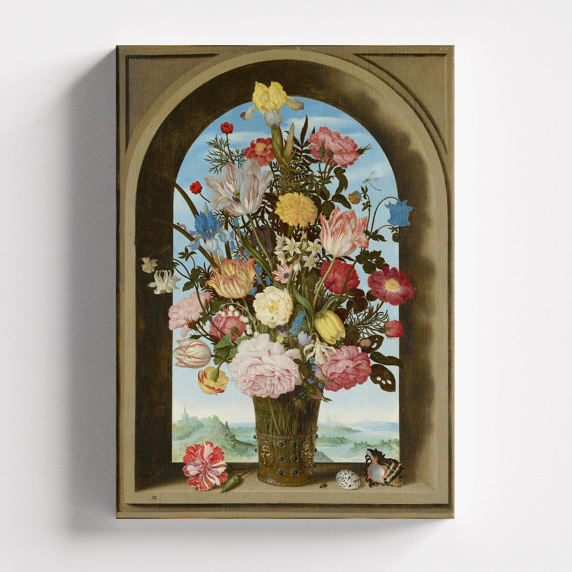 Πίνακας σε καμβά Flowers in a Window Arch – Premium Καμβάς, χωρίς κορνίζα, μπροστινή όψη.