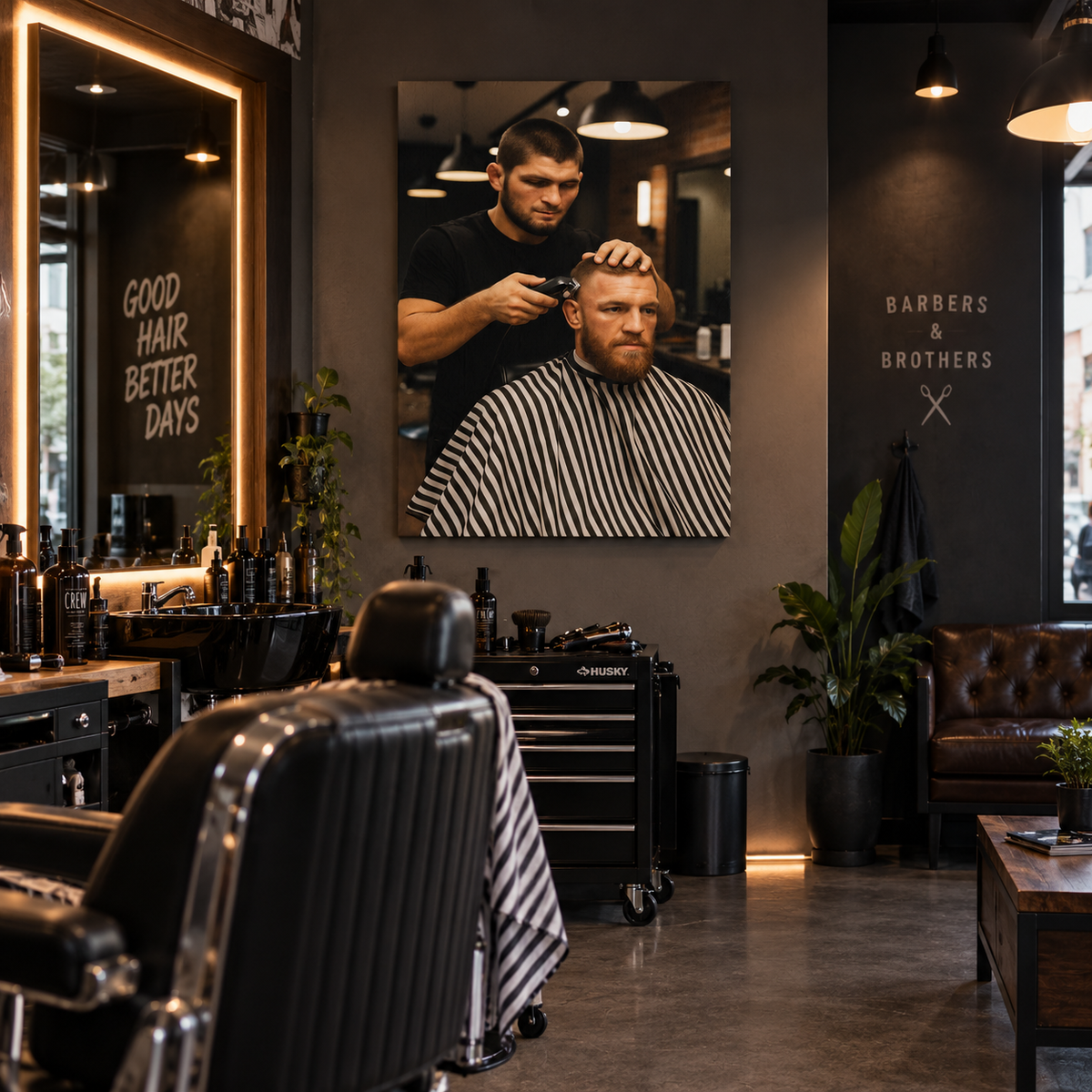 Barber πίνακας με κούρεμα σε μοντέρνο επαγγελματικό barbershop με ζεστό φωτισμό.