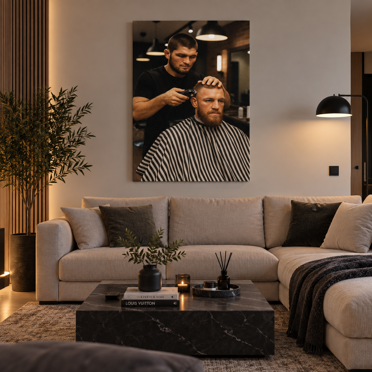 Κάθετος barber πίνακας με κούρεμα σε μοντέρνο και ζεστό σαλόνι.