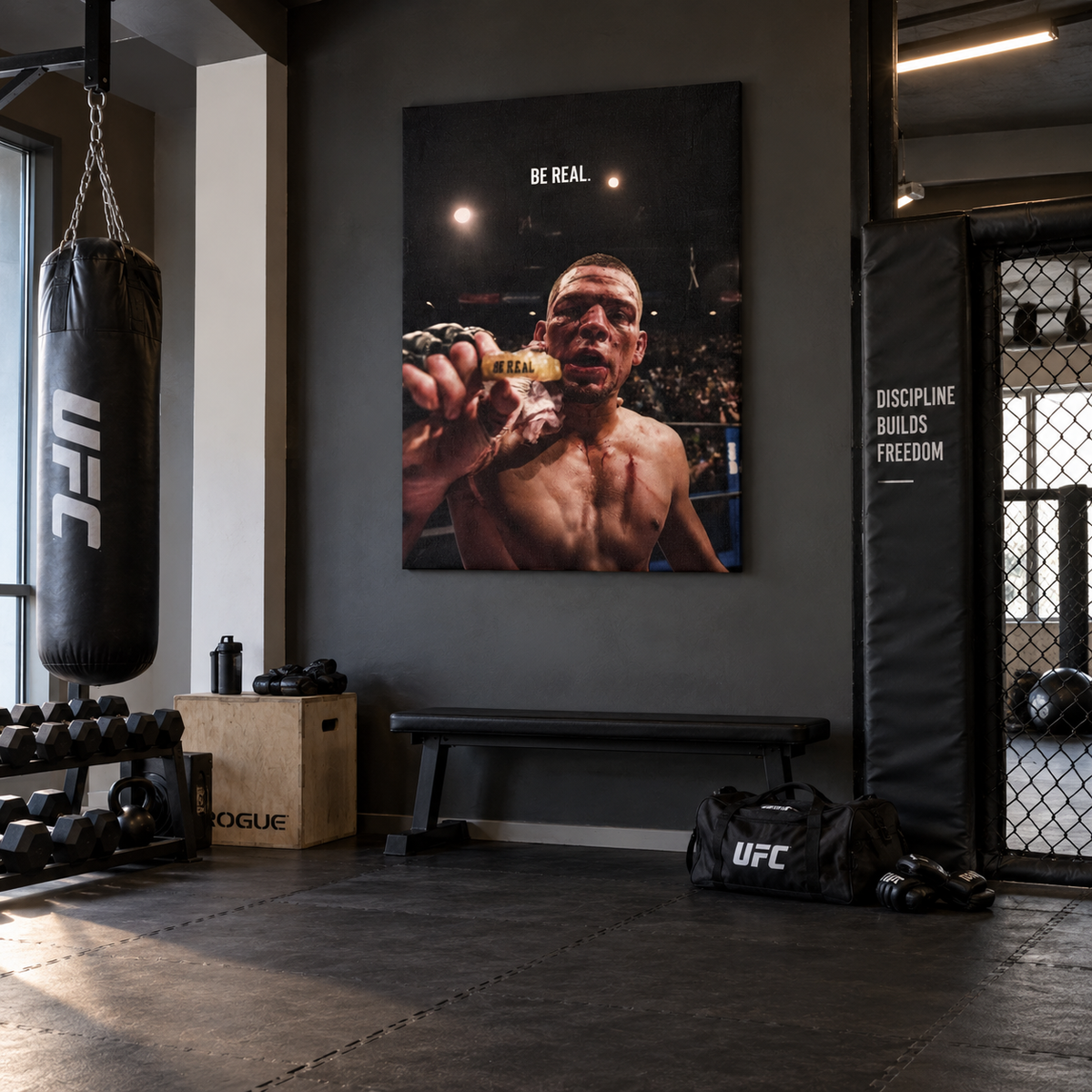 Κάθετος καμβάς “BE REAL” με MMA fighter σε μοντέρνο χώρο προπόνησης με σάκο και εξοπλισμό γυμναστηρίου.